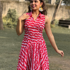 Red Bandhani Print Flared Dress