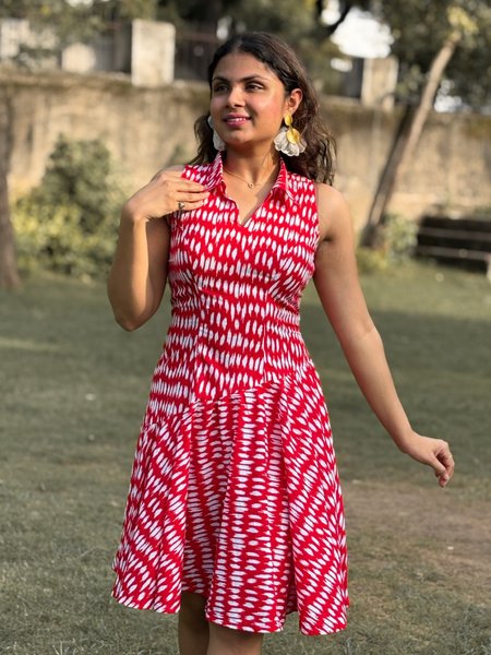 Red & White Jaipur Sanganeri Print Fit & Flare Dress