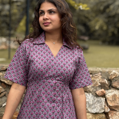 Mauve Printed Shirt Collar A-Line Dress