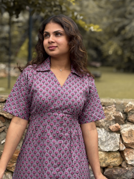 Mauve Printed Shirt Collar A-Line Dress