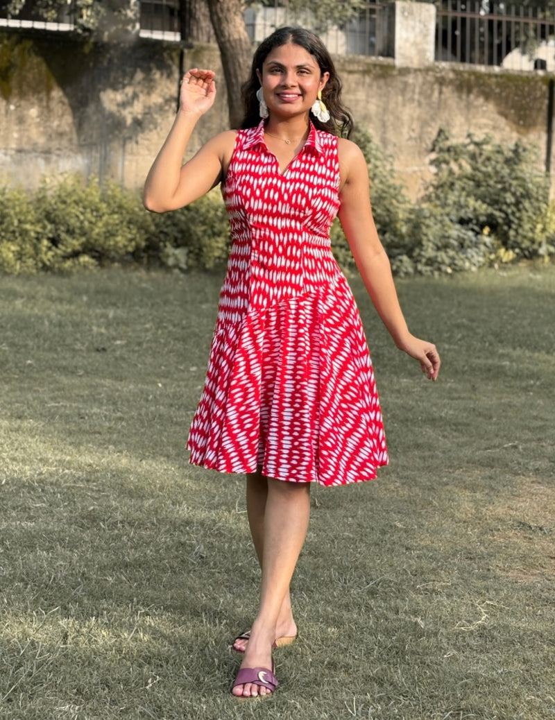 Red Bandhani Print Flared Dress