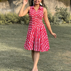 Red Bandhani Print Flared Dress