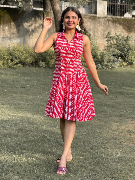Red Bandhani Print Flared Dress