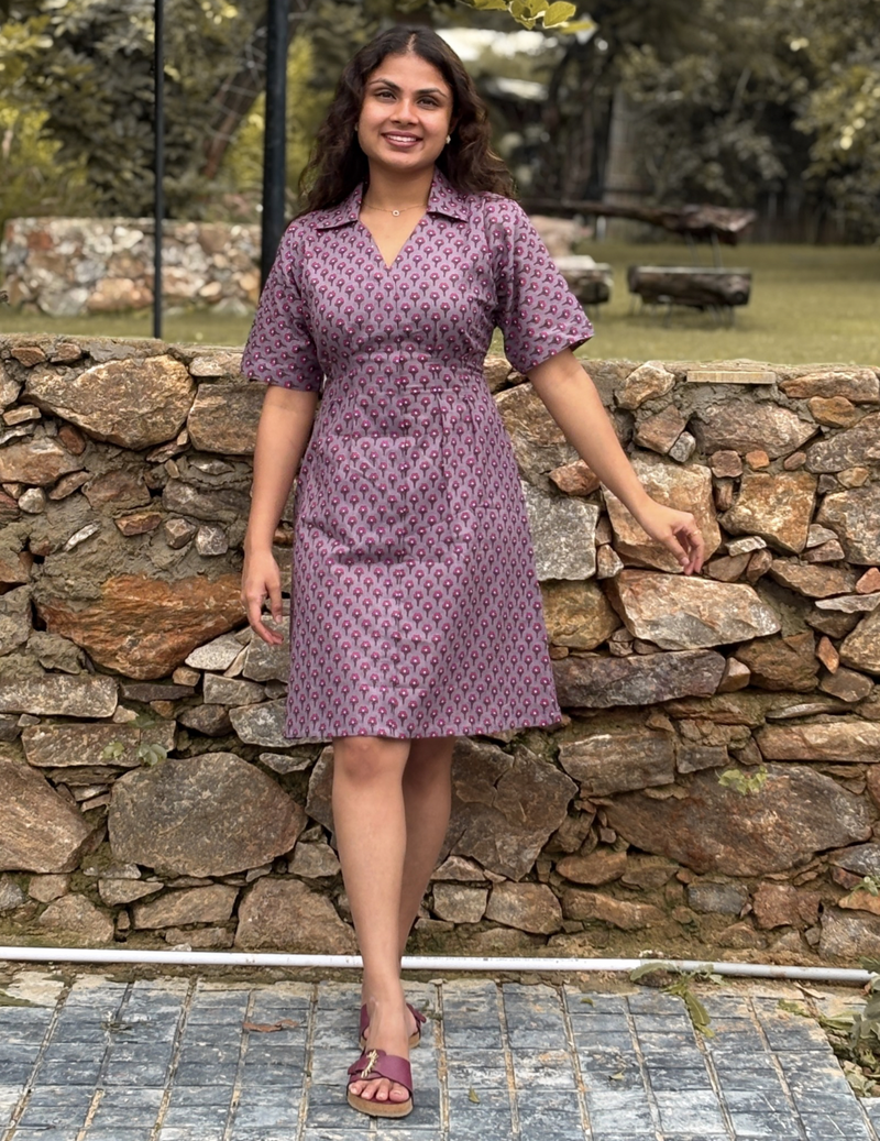 Mauve Printed Shirt Collar A-Line Dress