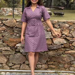 Mauve Printed Shirt Collar A-Line Dress