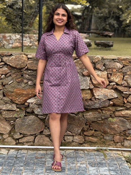 Mauve Printed Shirt Collar A-Line Dress