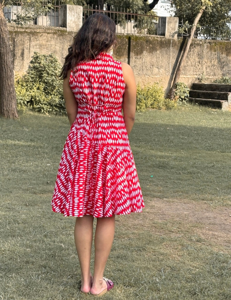 Red Bandhani Print Flared Dress