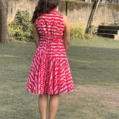 Red Bandhani Print Flared Dress