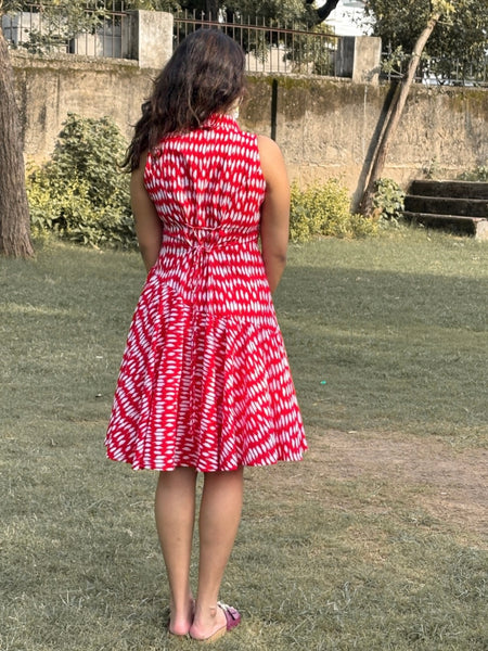Red Bandhani Print Flared Dress