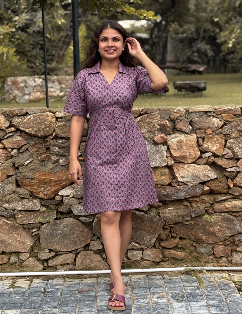 Mauve Printed Shirt Collar A-Line Dress