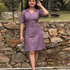 Mauve Printed Shirt Collar A-Line Dress