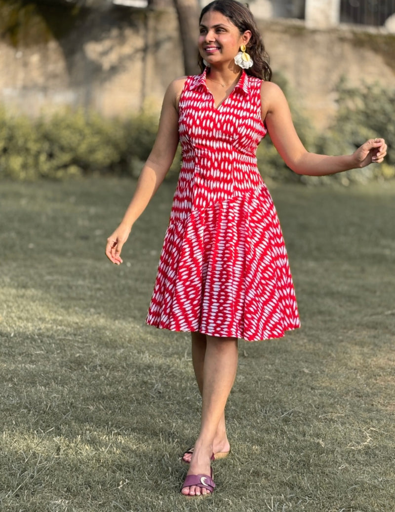 Red Bandhani Print Flared Dress