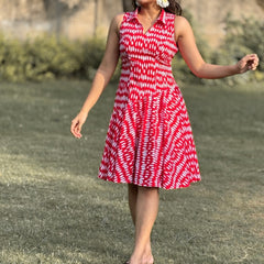 Red Bandhani Print Flared Dress