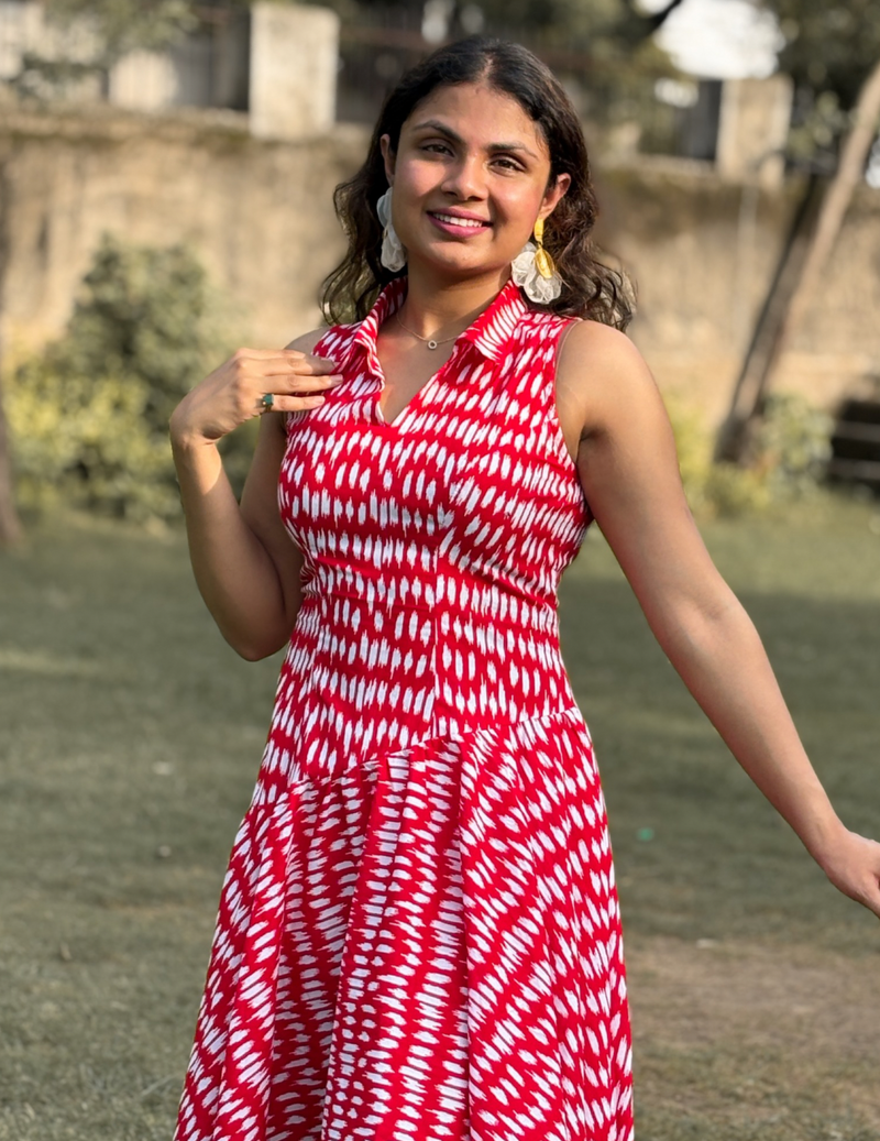 Red Bandhani Print Flared Dress