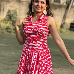 Red Bandhani Print Flared Dress