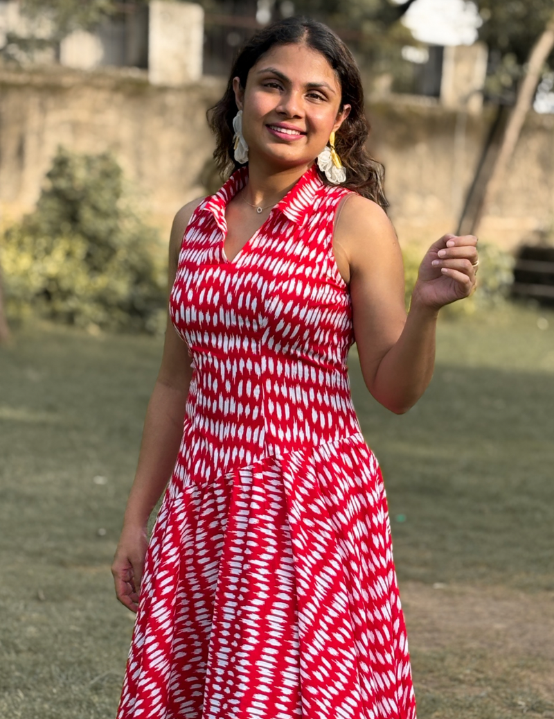 Red Bandhani Print Flared Dress