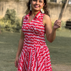 Red Bandhani Print Flared Dress