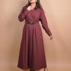 Wine A-line maxi dress for women with belt, shirt collar neck, full sleeves, and elegant formal wear styling.