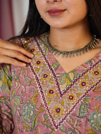Hand Block Printed Mul Cotton Kurta With Hand Embroidery