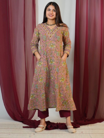 Hand Block Printed Mul Cotton Kurta With Hand Embroidery