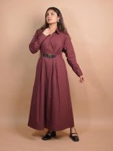 Wine A-line maxi dress for women with belt, shirt collar neck, full sleeves, and elegant formal wear styling.