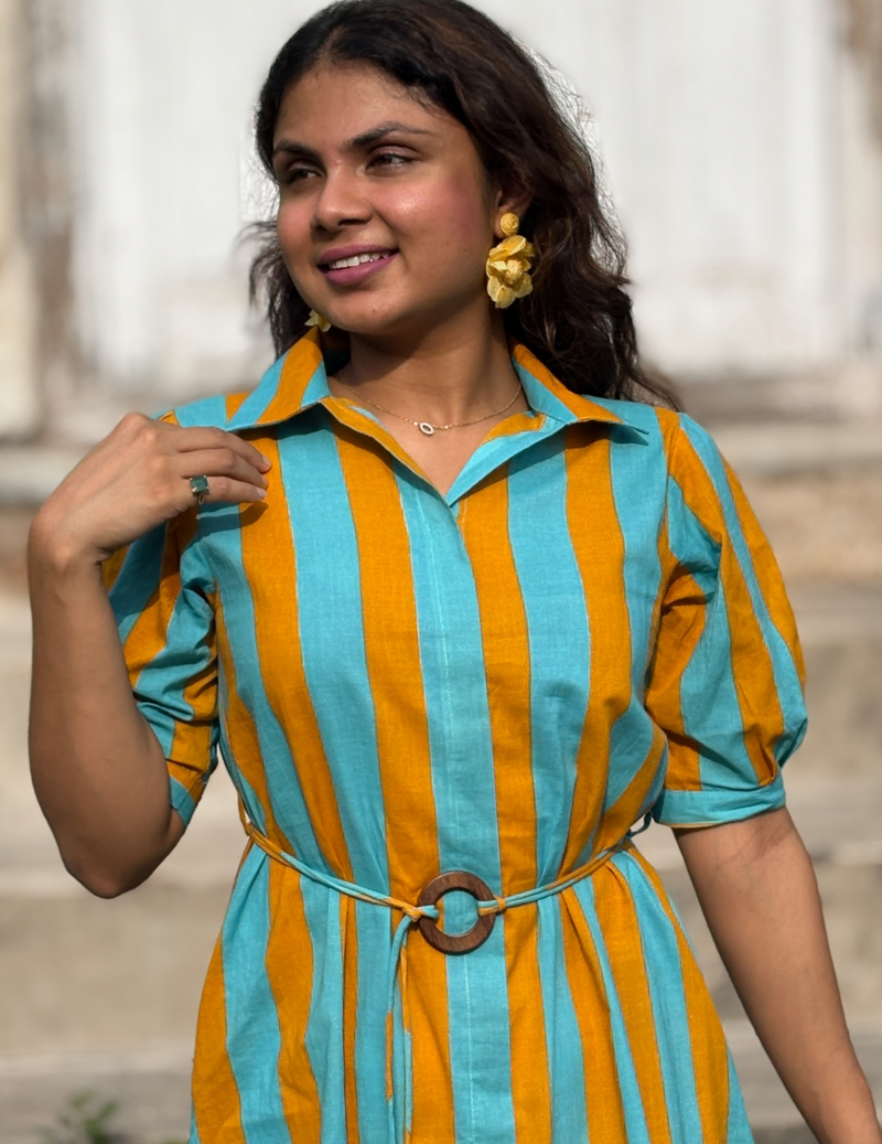 Turquoise Mustard Stripe Shirt Dress