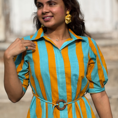 Turquoise Mustard Stripe Shirt Dress