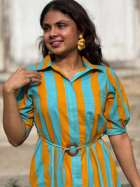 Turquoise Mustard Stripe Shirt Dress