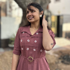 Mauve Blossom Hand Embroidered Cotton Flax Belted Dress (Pre -Launch)