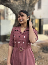 Mauve Blossom Hand Embroidered Cotton Flax Belted Dress (Pre -Launch)