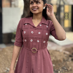 Mauve Blossom Hand Embroidered Cotton Flax Belted Dress (Pre -Launch)