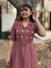 Mauve Blossom Hand Embroidered Cotton Flax Belted Dress (Pre -Launch)