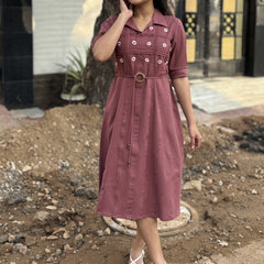 Mauve Blossom Hand Embroidered Cotton Flax Belted Dress (Pre -Launch)