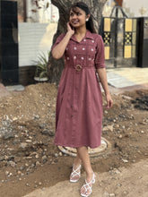 Mauve Blossom Hand Embroidered Cotton Flax Belted Dress (Pre -Launch)
