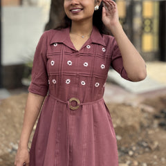 Mauve Blossom Hand Embroidered Cotton Flax Belted Dress (Pre -Launch)