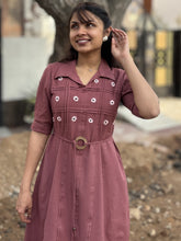 Mauve Blossom Hand Embroidered Cotton Flax Belted Dress (Pre -Launch)