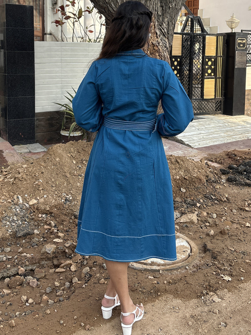 Royal Sky Belted Cotton Flax Dress (Pre-Launch)