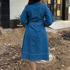 Royal Sky Belted Cotton Flax Dress (Pre-Launch)