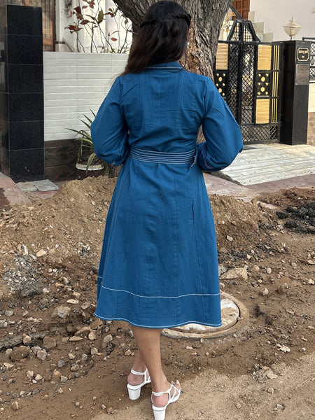 Royal Sky Belted Cotton Flax Dress (Pre-Launch)
