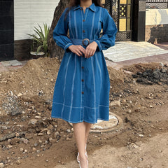 Royal Sky Belted Cotton Flax Dress (Pre-Launch)