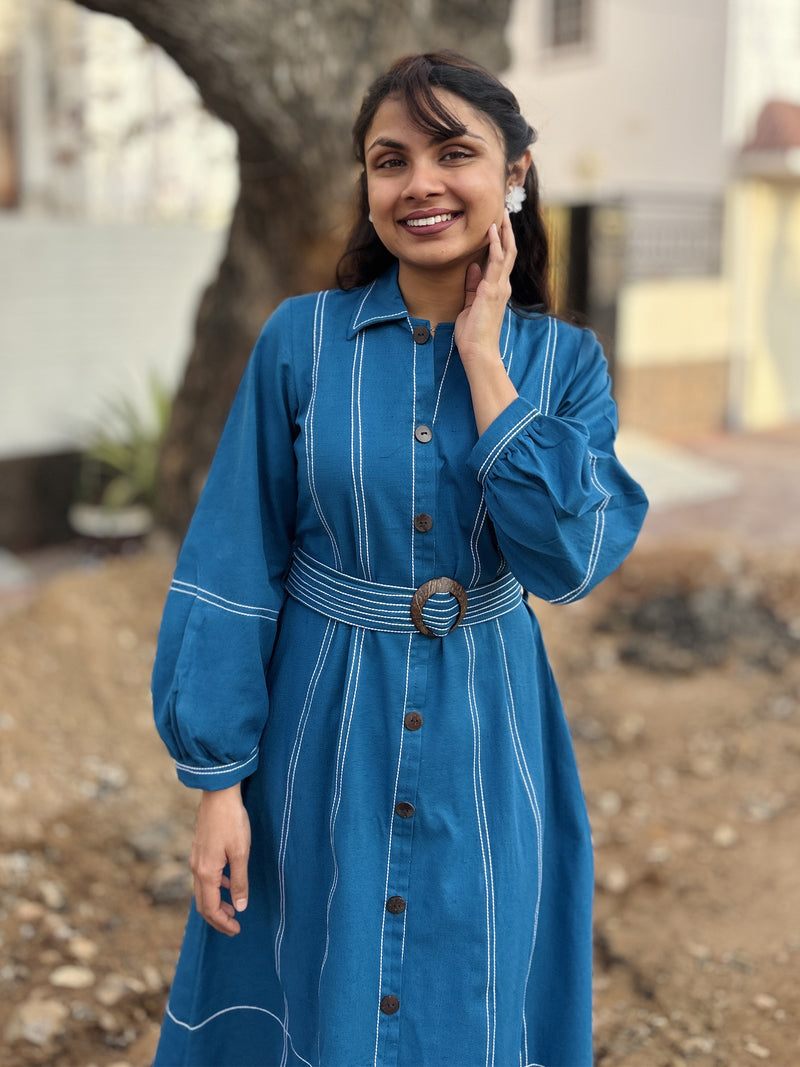 Royal Sky Belted Cotton Flax Dress (Pre-Launch)