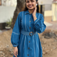 Royal Sky Belted Cotton Flax Dress (Pre-Launch)