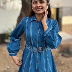Royal Sky Belted Cotton Flax Dress (Pre-Launch)