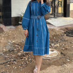 Royal Sky Belted Cotton Flax Dress (Pre-Launch)
