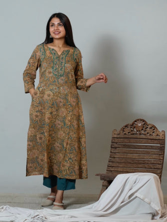 Vani Hand Block Printed Side Kali Kurta Embellished With Mirror Embroidery Details