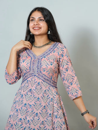 Hand Block Printed Mul Cotton Alia Cut Kurta With Hand Embroidery Details
