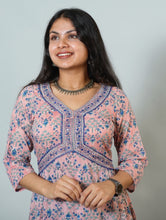 Hand Block Printed Mul Cotton Alia Cut Kurta With Hand Embroidery Details