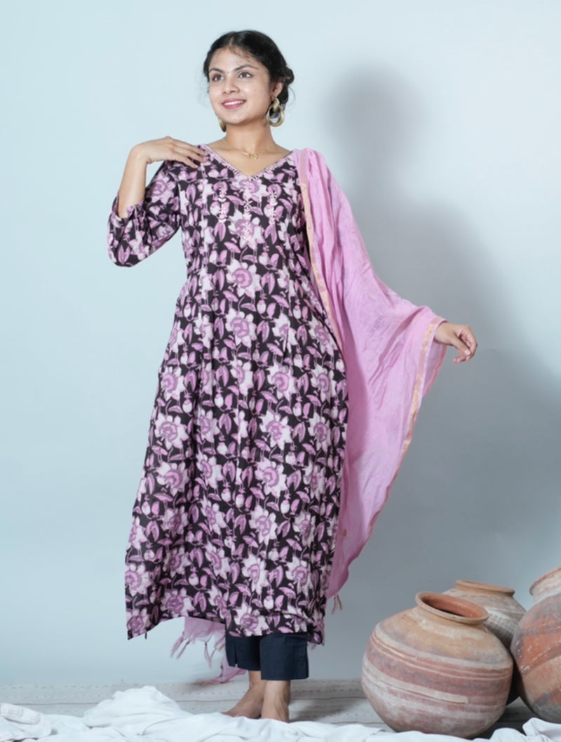 Janya Jahota Hand Block Printed Chikankari Embroidered Kurta Dupatta Set