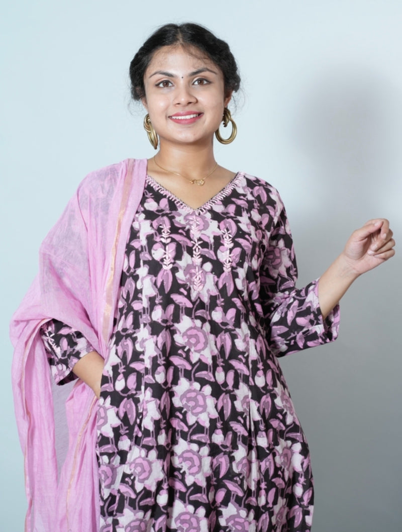 Janya Jahota Hand Block Printed Chikankari Embroidered Kurta Dupatta Set