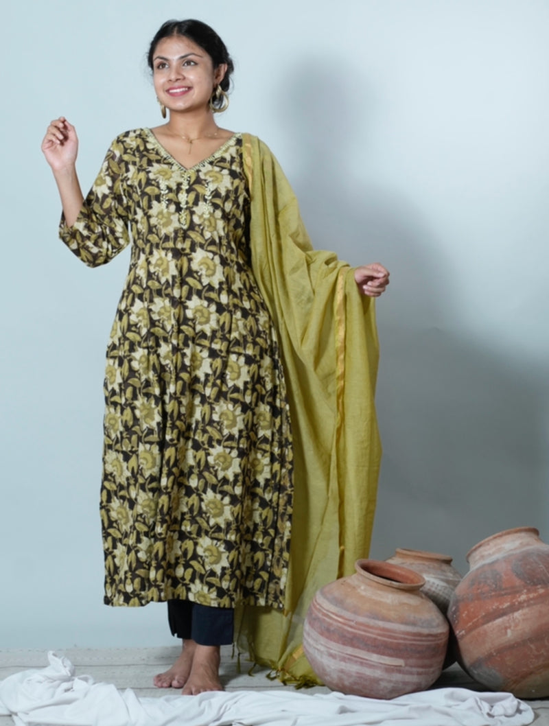 Hamsini Jahota Hand Block Printed Chikankari Embroidered Kurta with Dupatta